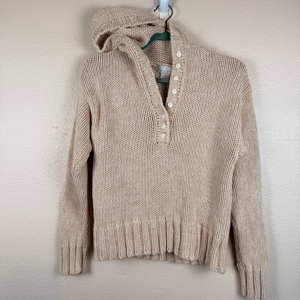 Soft Surroundings Hoodie Sweater Womens M Beige Good Chunky Cotton Henley Knit
